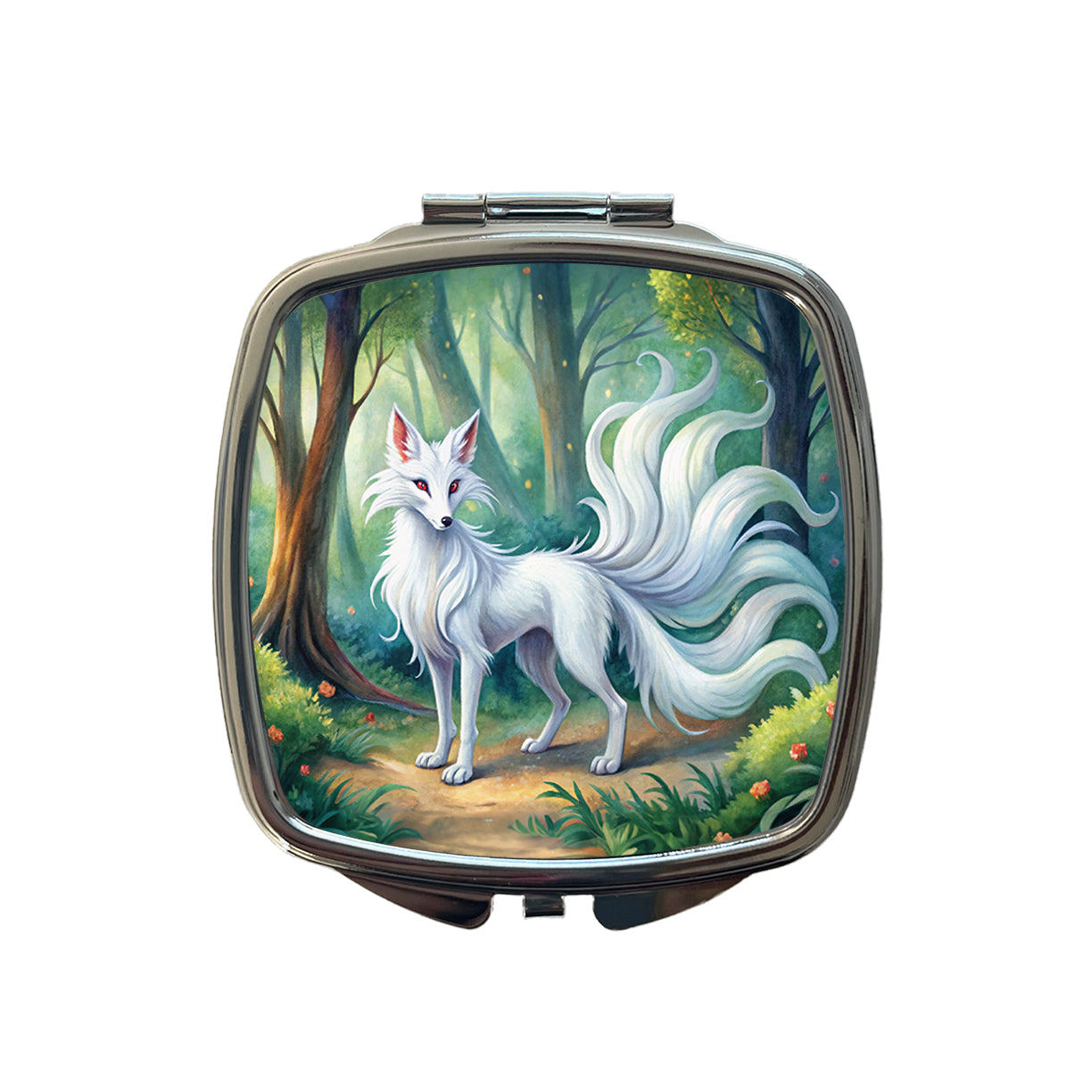 Kitsune White Fox With Many Tails Japanese Spirit Animal Watercolor Small Travel Purse Handbag Pocket Makeup Compact Mirror