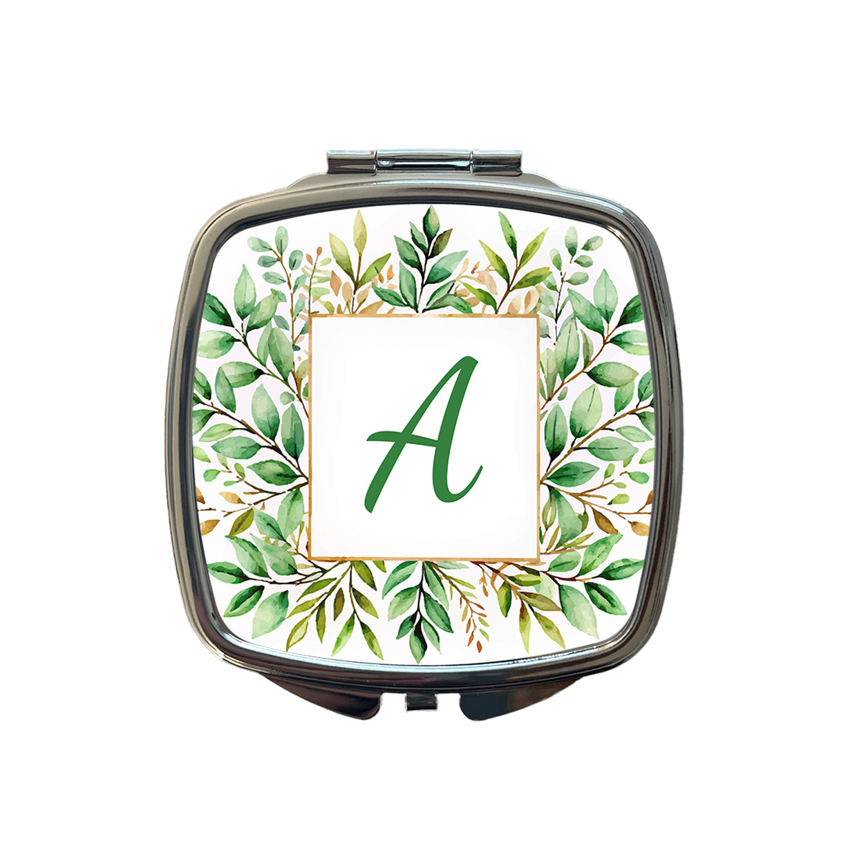 Letter A Initial Monogram Frame Leaf Small Travel Purse Handbag Pocket Makeup Compact Mirror