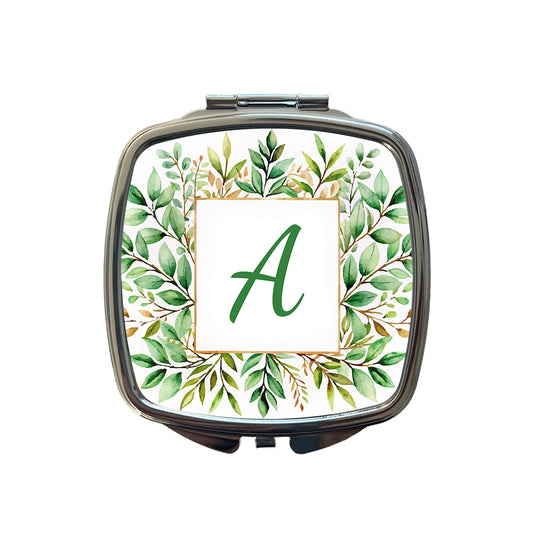 Letter A Initial Monogram Frame Leaf Small Travel Purse Handbag Pocket Makeup Compact Mirror