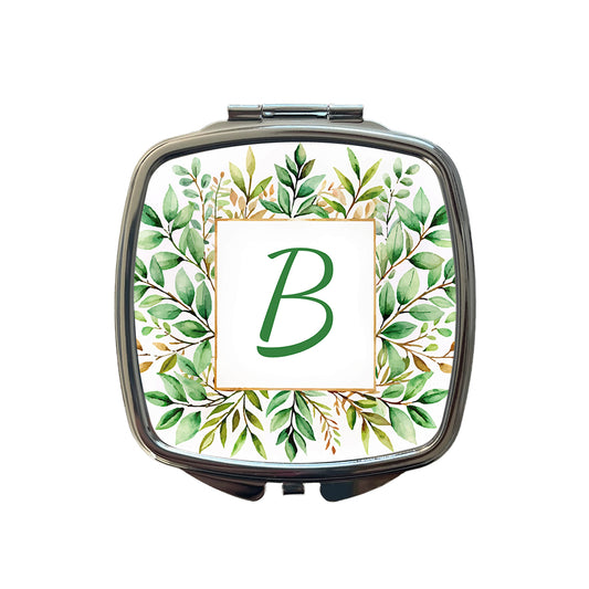 Letter B Initial Monogram Frame Leaf Small Travel Purse Handbag Pocket Makeup Compact Mirror