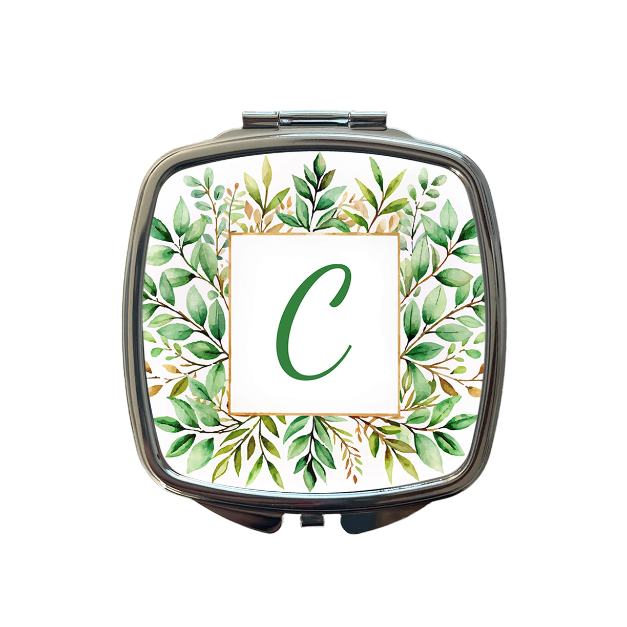 Letter C Initial Monogram Frame Leaf Small Travel Purse Handbag Pocket Makeup Compact Mirror
