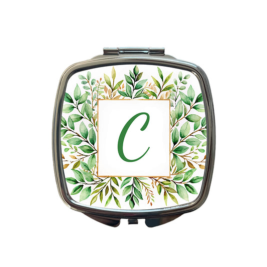 Letter C Initial Monogram Frame Leaf Small Travel Purse Handbag Pocket Makeup Compact Mirror