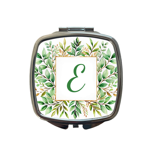 Letter E Initial Monogram Frame Leaf Small Travel Purse Handbag Pocket Makeup Compact Mirror