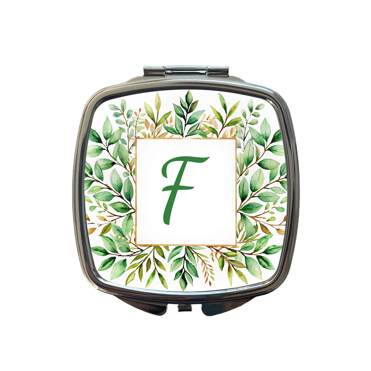 Letter F Initial Monogram Frame Leaf Small Travel Purse Handbag Pocket Makeup Compact Mirror