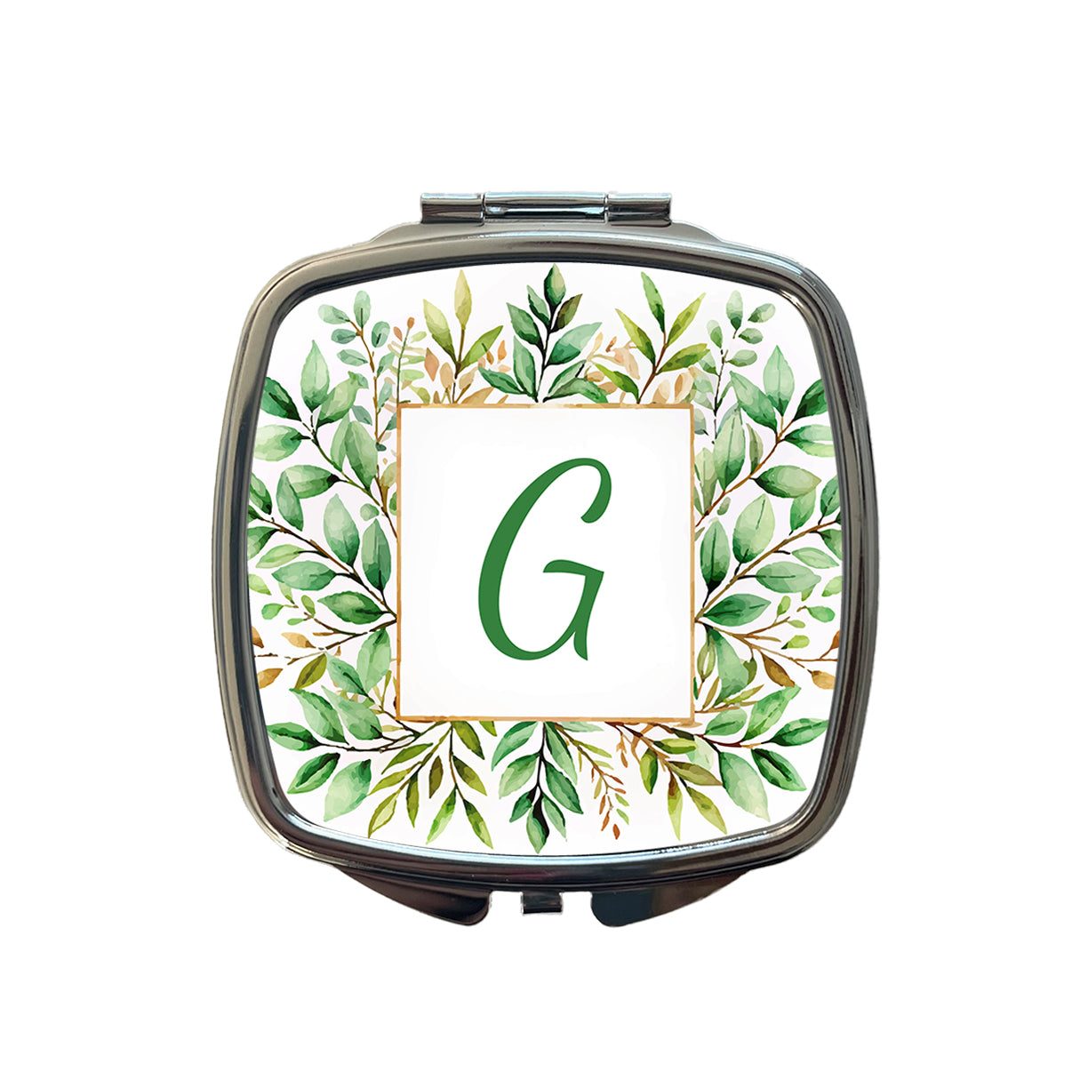 Letter G Initial Monogram Frame Leaf Small Travel Purse Handbag Pocket Makeup Compact Mirror