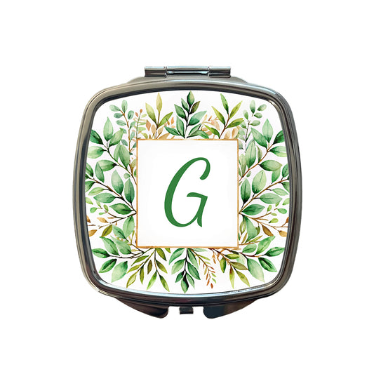 Letter G Initial Monogram Frame Leaf Small Travel Purse Handbag Pocket Makeup Compact Mirror