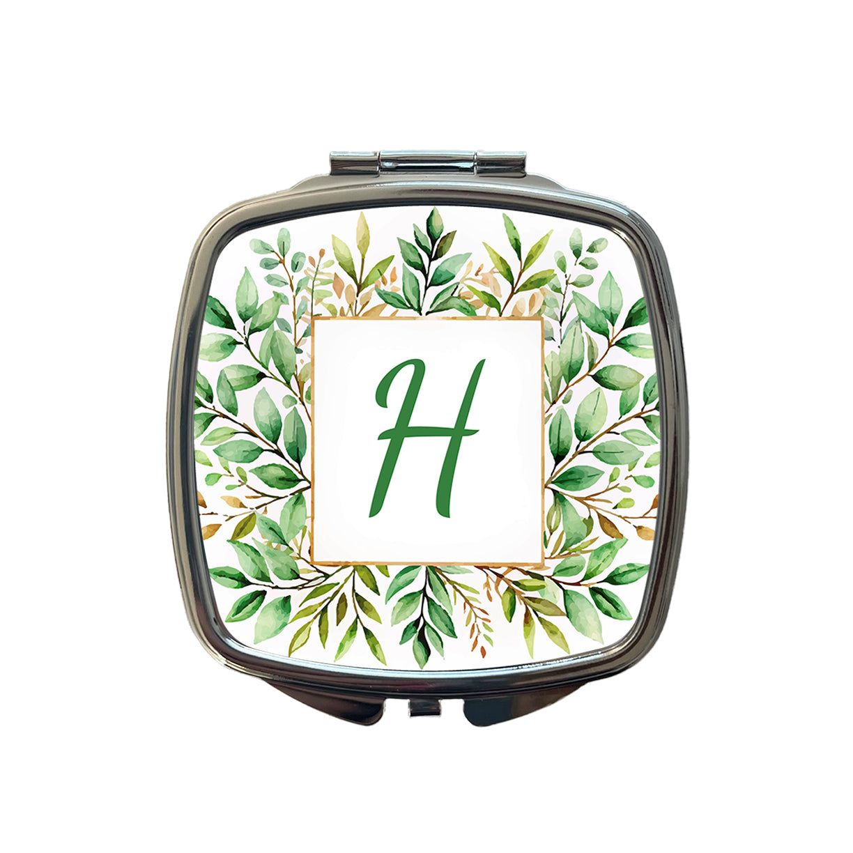 Letter H Initial Monogram Frame Leaf Small Travel Purse Handbag Pocket Makeup Compact Mirror