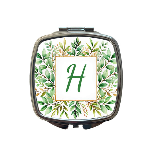 Letter H Initial Monogram Frame Leaf Small Travel Purse Handbag Pocket Makeup Compact Mirror