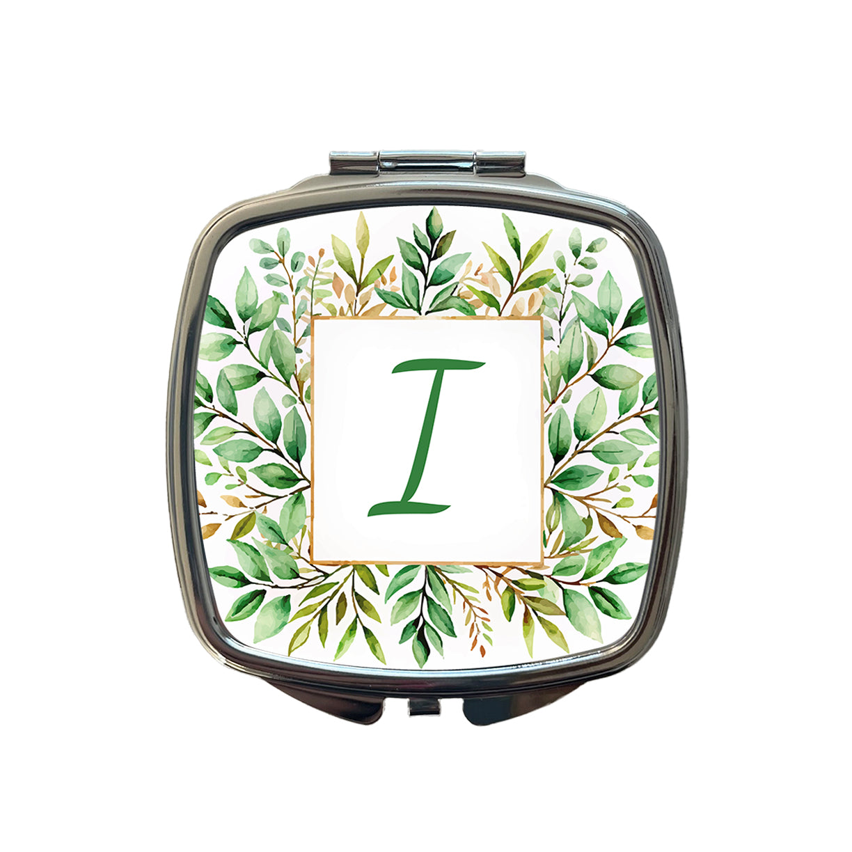 Letter I Initial Monogram Frame Leaf Small Travel Purse Handbag Pocket Makeup Compact Mirror