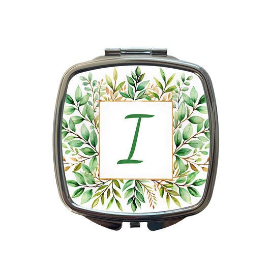 Letter I Initial Monogram Frame Leaf Small Travel Purse Handbag Pocket Makeup Compact Mirror