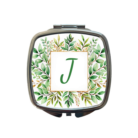 Letter J Initial Monogram Frame Leaf Small Travel Purse Handbag Pocket Makeup Compact Mirror