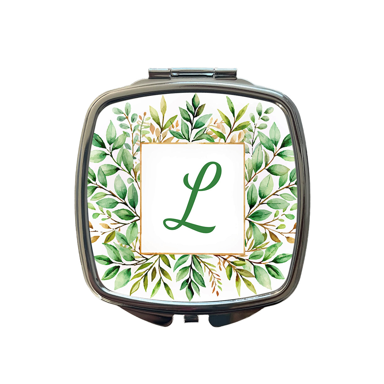 Letter L Initial Monogram Frame Leaf Small Travel Purse Handbag Pocket Makeup Compact Mirror