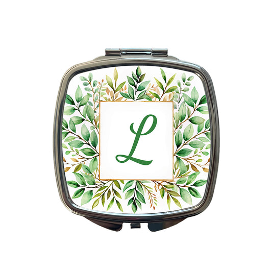 Letter L Initial Monogram Frame Leaf Small Travel Purse Handbag Pocket Makeup Compact Mirror
