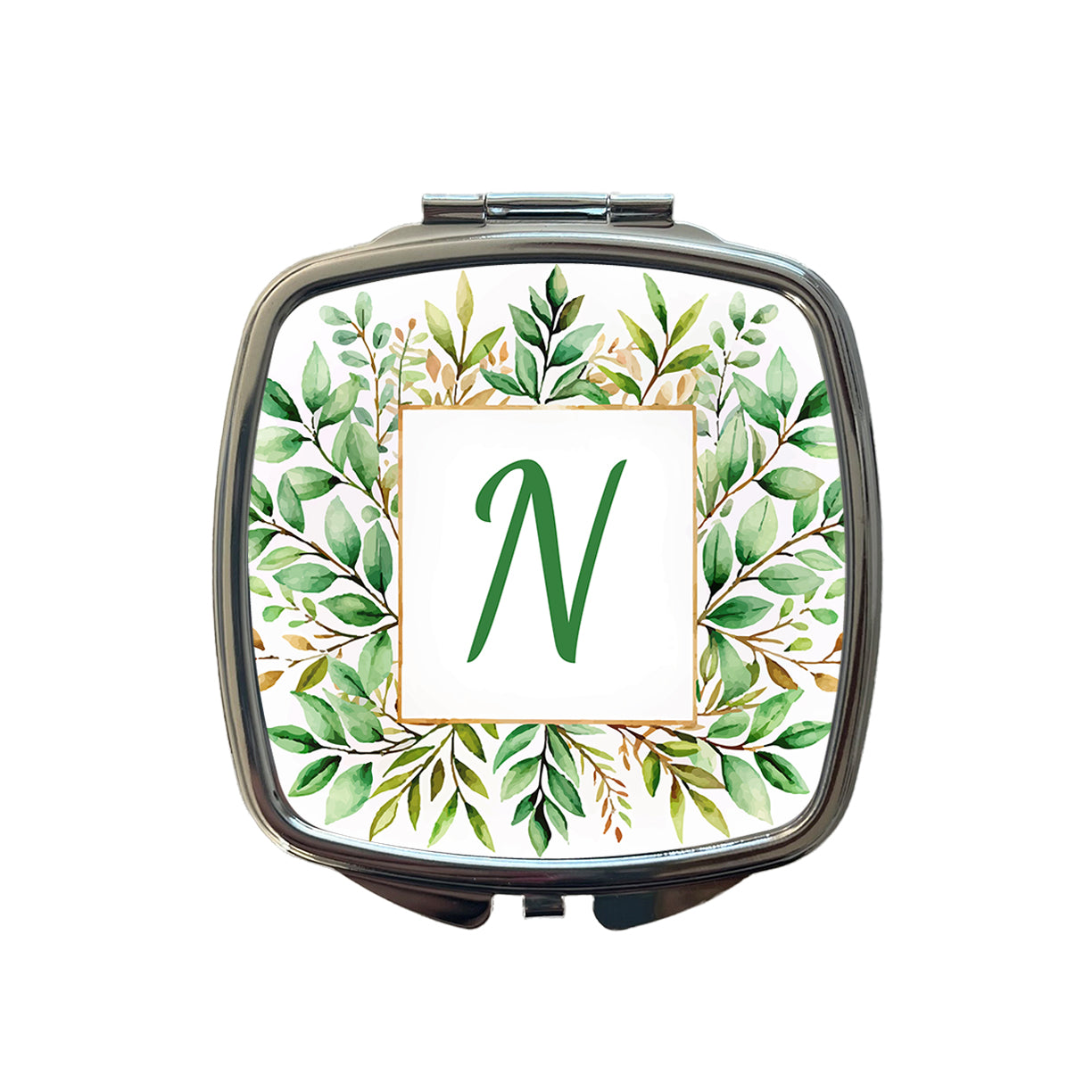Letter N Initial Monogram Frame Leaf Small Travel Purse Handbag Pocket Makeup Compact Mirror