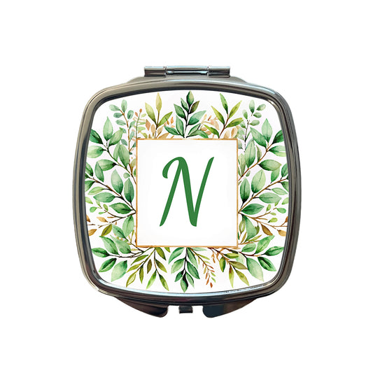 Letter N Initial Monogram Frame Leaf Small Travel Purse Handbag Pocket Makeup Compact Mirror