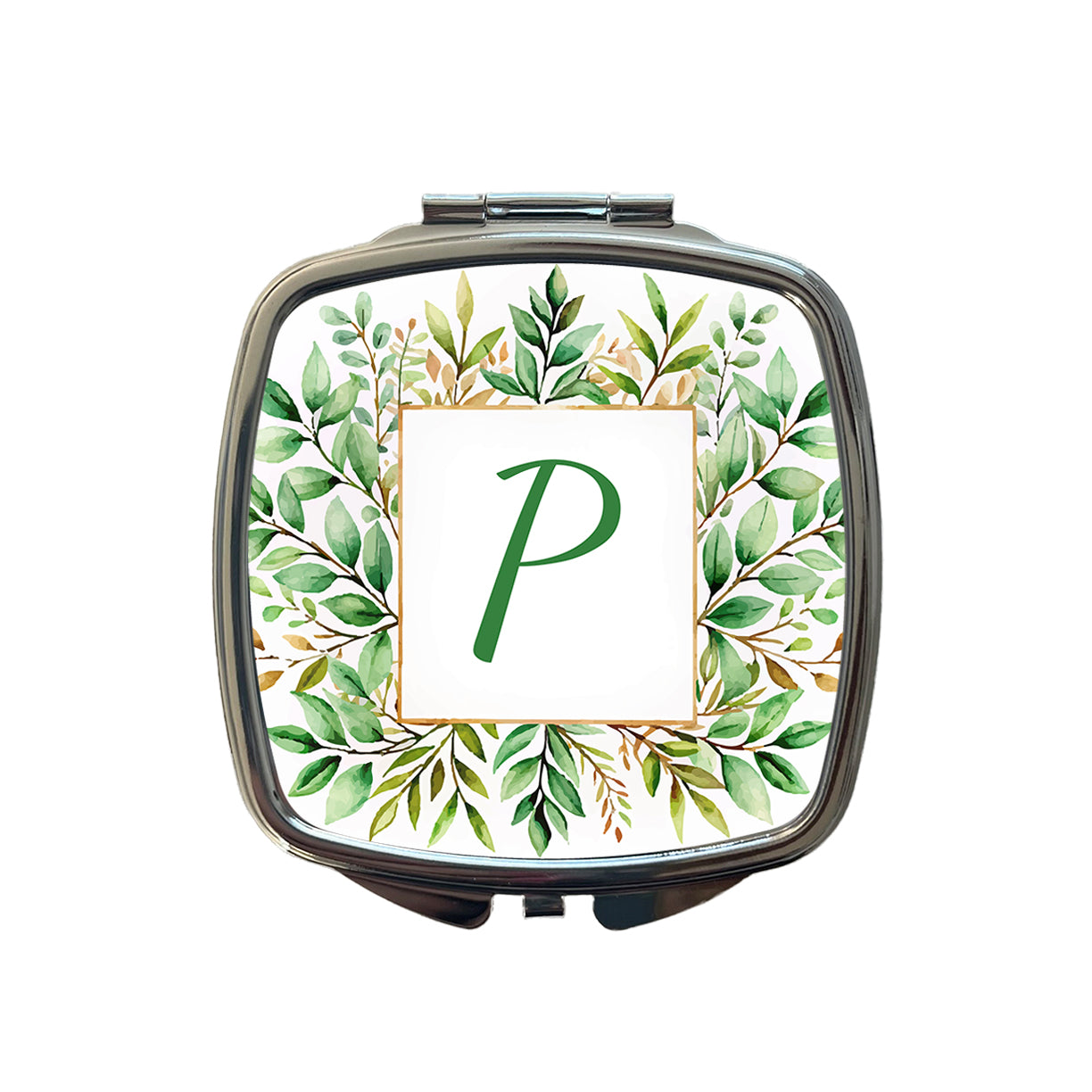 Letter P Initial Monogram Frame Leaf Small Travel Purse Handbag Pocket Makeup Compact Mirror
