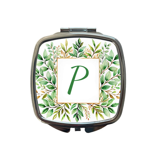 Letter P Initial Monogram Frame Leaf Small Travel Purse Handbag Pocket Makeup Compact Mirror