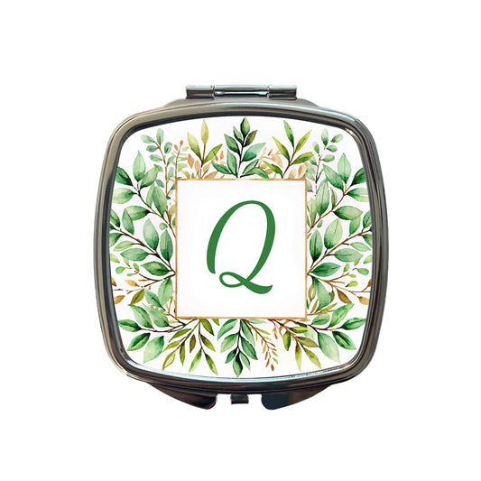 Letter Q Initial Monogram Frame Leaf Small Travel Purse Handbag Pocket Makeup Compact Mirror