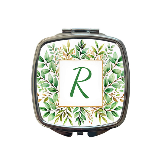 Letter R Initial Monogram Frame Leaf Small Travel Purse Handbag Pocket Makeup Compact Mirror