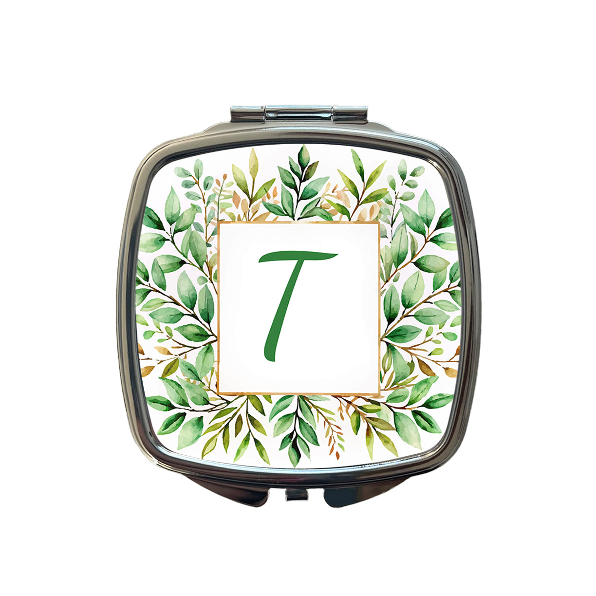 Letter T Initial Monogram Frame Leaf Small Travel Purse Handbag Pocket Makeup Compact Mirror