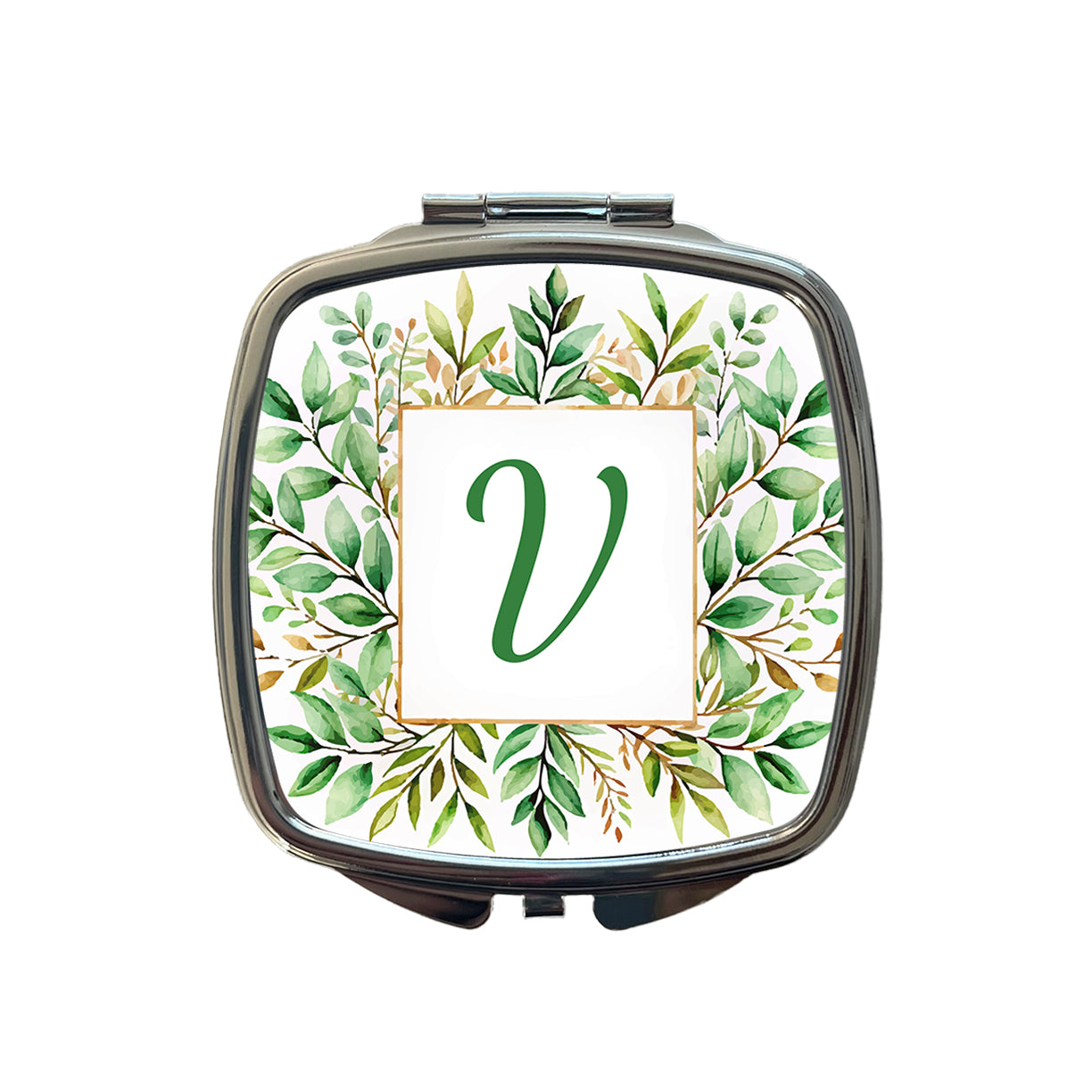 Letter V Initial Monogram Frame Leaf Small Travel Purse Handbag Pocket Makeup Compact Mirror