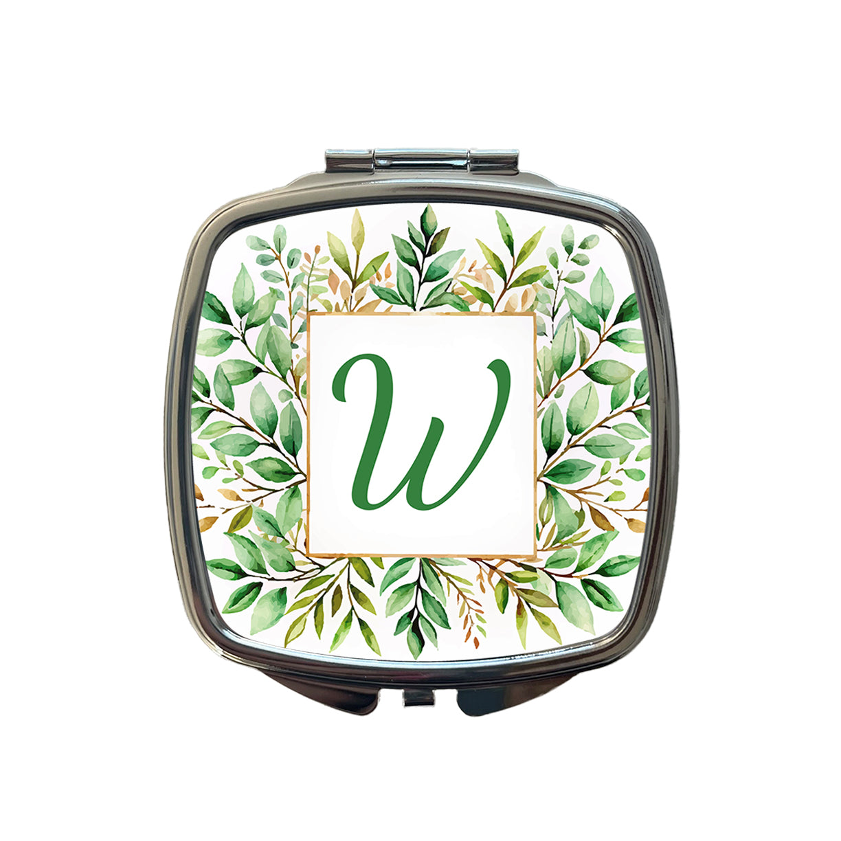 Letter W Initial Monogram Frame Leaf Small Travel Purse Handbag Pocket Makeup Compact Mirror
