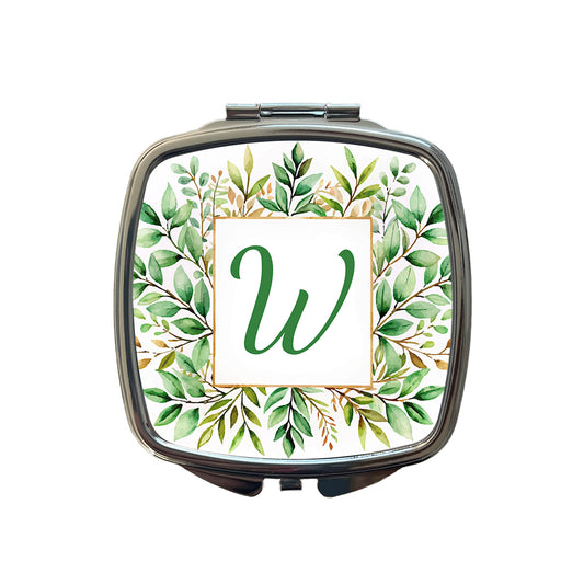 Letter W Initial Monogram Frame Leaf Small Travel Purse Handbag Pocket Makeup Compact Mirror