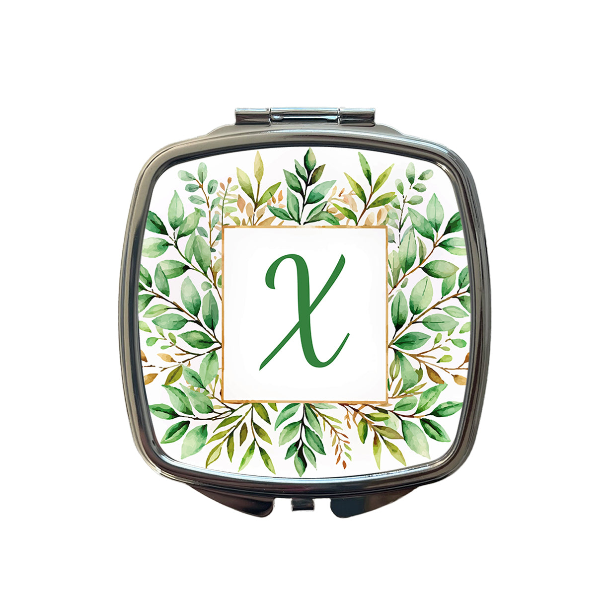 Letter X Initial Monogram Frame Leaf Small Travel Purse Handbag Pocket Makeup Compact Mirror