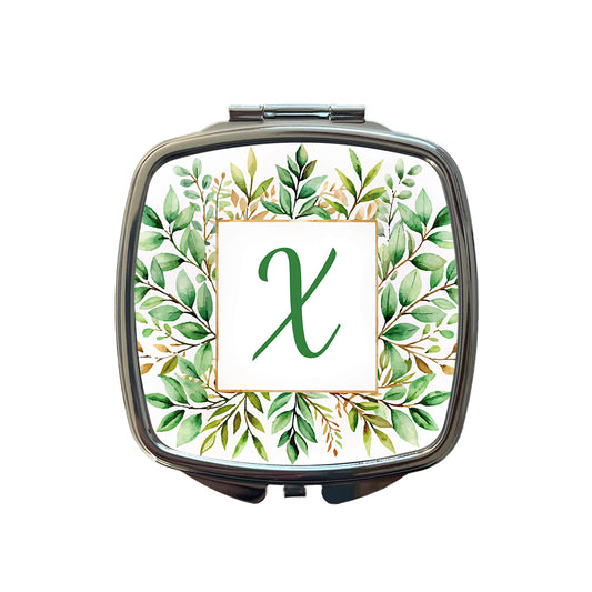 Letter X Initial Monogram Frame Leaf Small Travel Purse Handbag Pocket Makeup Compact Mirror