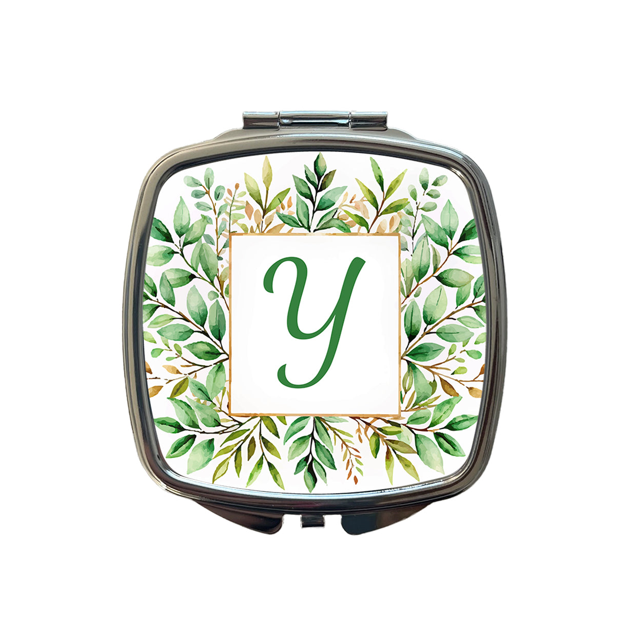 Letter Y Initial Monogram Frame Leaf Small Travel Purse Handbag Pocket Makeup Compact Mirror