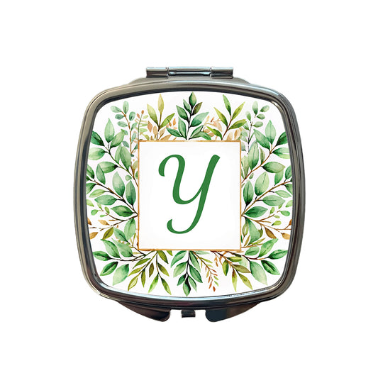 Letter Y Initial Monogram Frame Leaf Small Travel Purse Handbag Pocket Makeup Compact Mirror