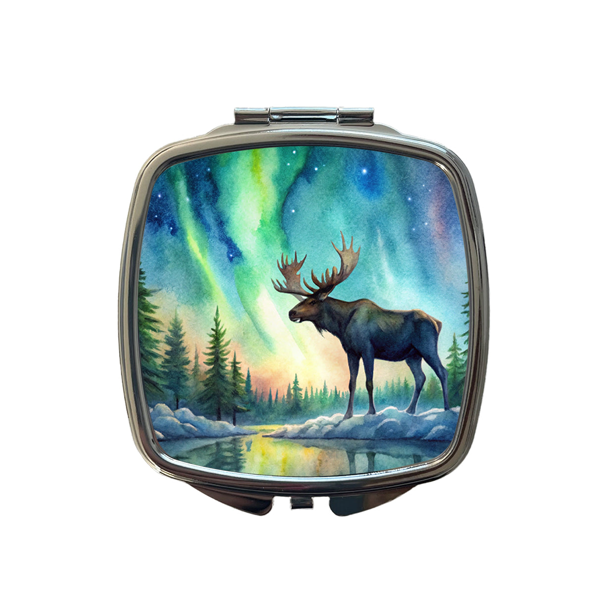 Moose And Northern Lights Watercolor Small Travel Purse Handbag Pocket Makeup Compact Mirror