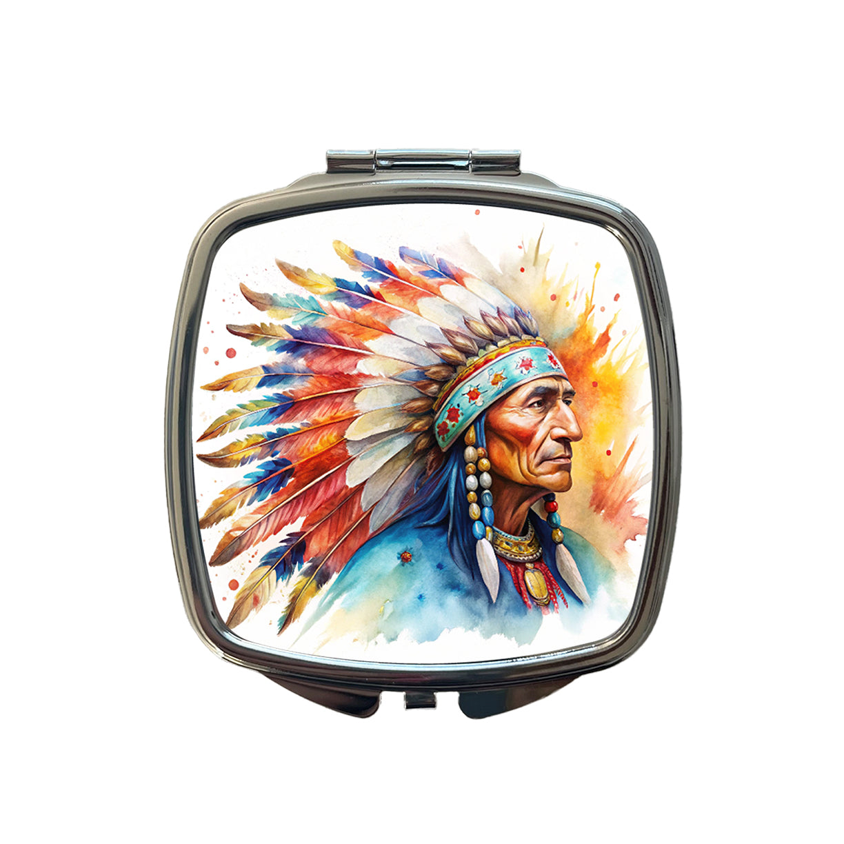 Native American Indian Chief Feather Headdress Watercolor Small Travel Purse Handbag Pocket Makeup Compact Mirror