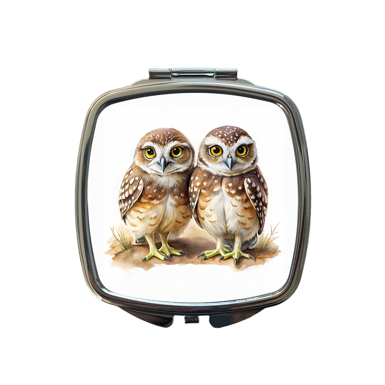 Pair Of Burrowing Owls Bird Watercolor Small Travel Purse Handbag Pocket Makeup Compact Mirror