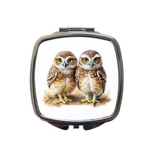 Pair Of Burrowing Owls Bird Watercolor Small Travel Purse Handbag Pocket Makeup Compact Mirror