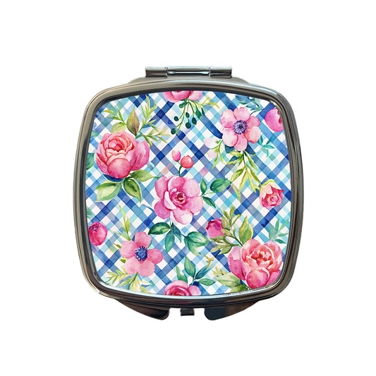 Preppy Pink Flowers Blue Gingham Plaid Small Travel Purse Handbag Pocket Makeup Compact Mirror