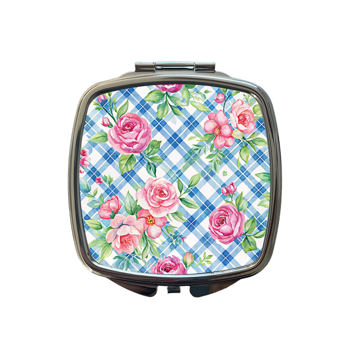 Pretty Pink Flowers Floral Blue Wallpaper Small Travel Purse Handbag Pocket Makeup Compact Mirror