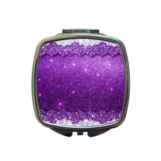 Purple Faux Glitter Small Travel Purse Handbag Pocket Makeup Compact Mirror