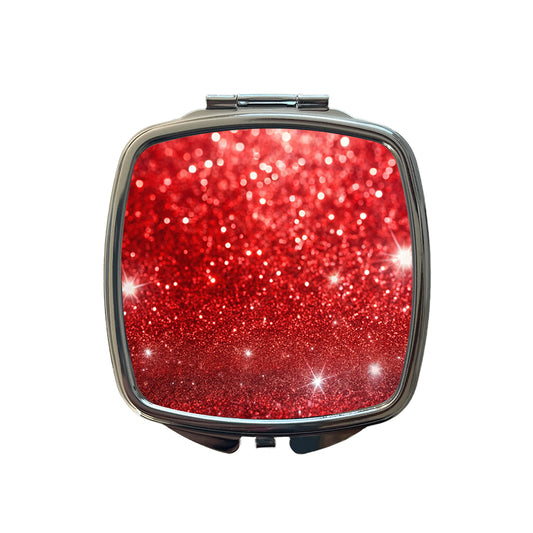 Red Faux Glitter Small Travel Purse Handbag Pocket Makeup Compact Mirror