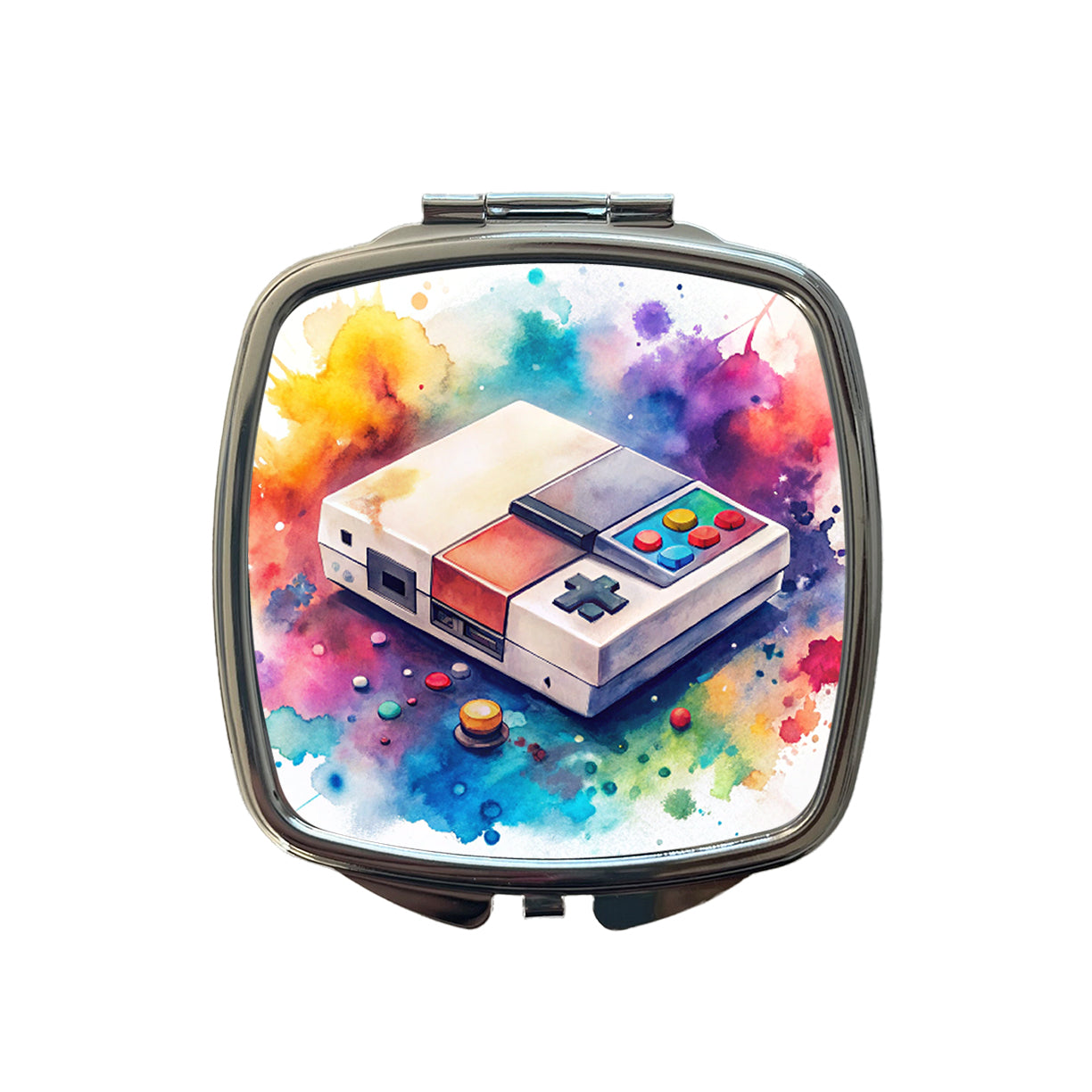 Retro Arcade Console System Watercolor Small Travel Purse Handbag Pocket Makeup Compact Mirror