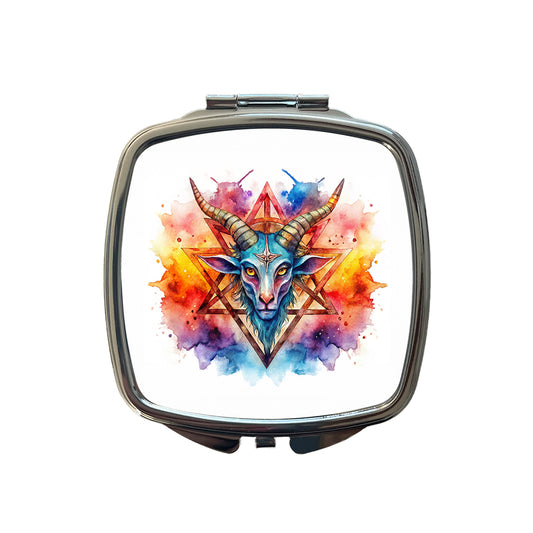 Satanic Pagan Goat Horns Pentagram Symbol Watercolor Small Travel Purse Handbag Pocket Makeup Compact Mirror