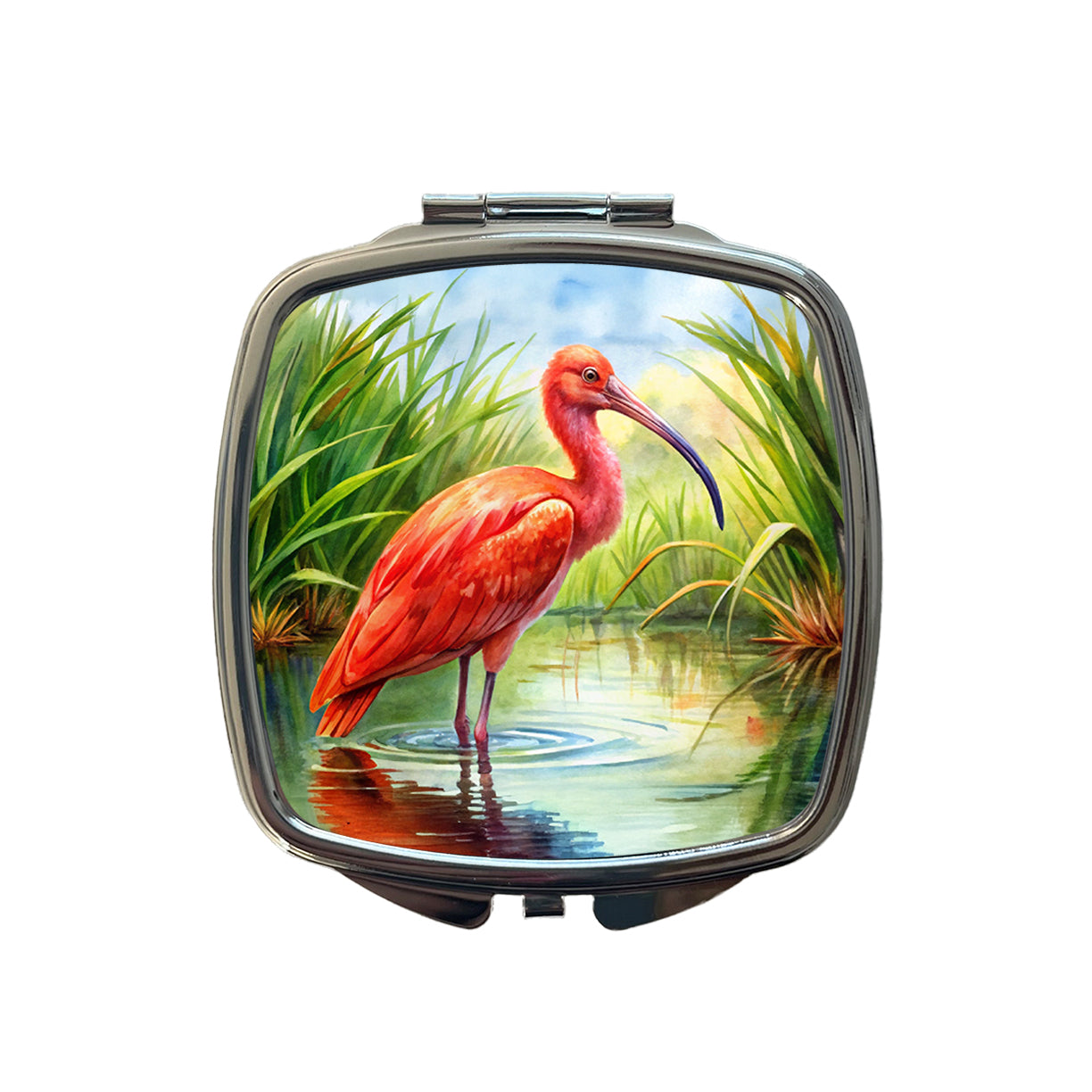 Scarlet Ibis In Marsh Bird Watercolor Small Travel Purse Handbag Pocket Makeup Compact Mirror