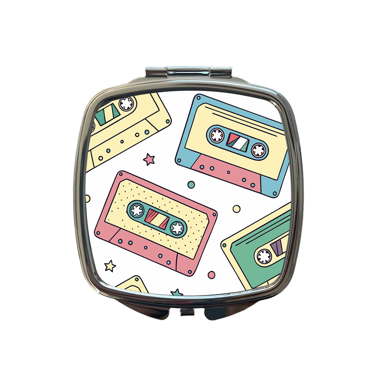 Scattered Cassette Tapes Small Travel Purse Handbag Pocket Makeup Compact Mirror