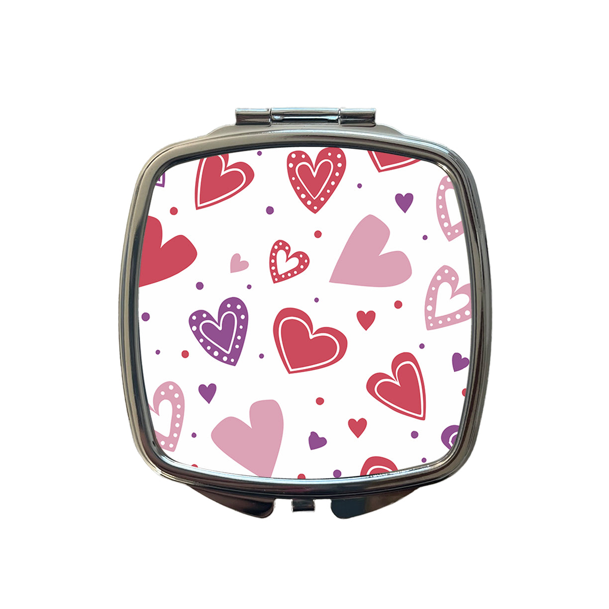 Scattered Hearts Bright Red Pink Purple Love Small Travel Purse Handbag Pocket Makeup Compact Mirror