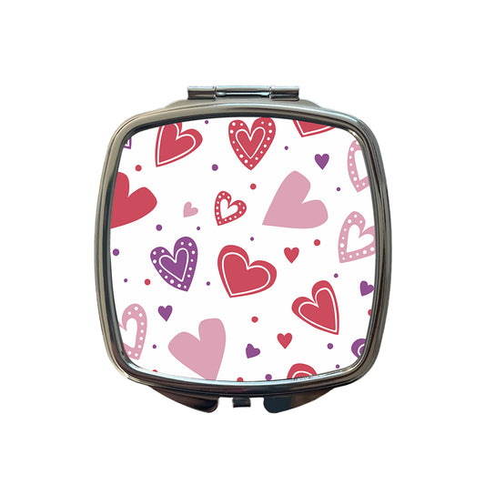 Scattered Hearts Bright Red Pink Purple Love Small Travel Purse Handbag Pocket Makeup Compact Mirror