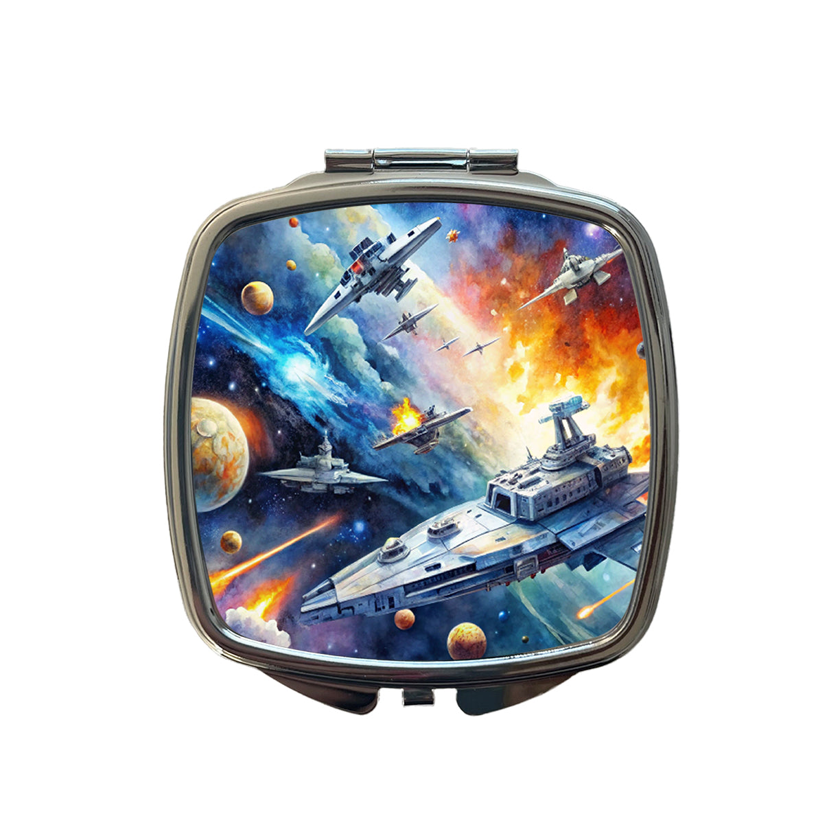 Sci-fi Space Battle Watercolor Small Travel Purse Handbag Pocket Makeup Compact Mirror