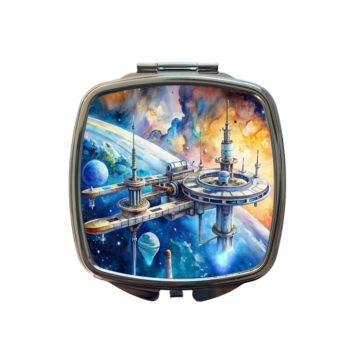 Sci-fi Space Station In Orbit Watercolor Small Travel Purse Handbag Pocket Makeup Compact Mirror