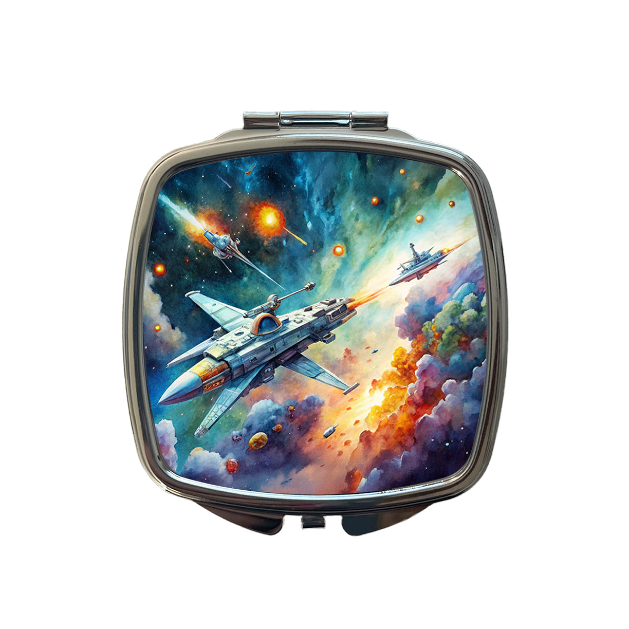 Sci-fi Spaceships Fighting In Space Watercolor Small Travel Purse Handbag Pocket Makeup Compact Mirror