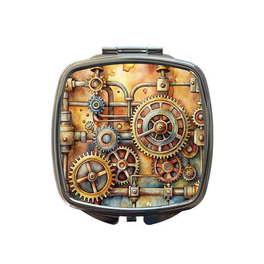 Sci-fi Steampunk Gears And Pipes Watercolor Small Travel Purse Handbag Pocket Makeup Compact Mirror