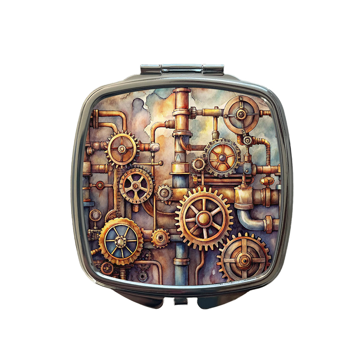 Sci-fi Steampunk Gears Pipes Watercolor Small Travel Purse Handbag Pocket Makeup Compact Mirror